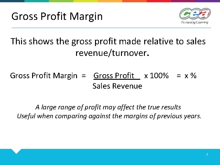 Gross Profit Margin This shows the gross profit made relative to sales revenue/turnover. Gross