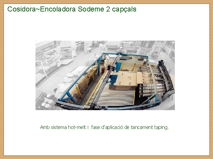 Cosidora~Encoladora Sodeme 2 capçals Amb sistema hot-melt i fase d’aplicació de tancament taping. 