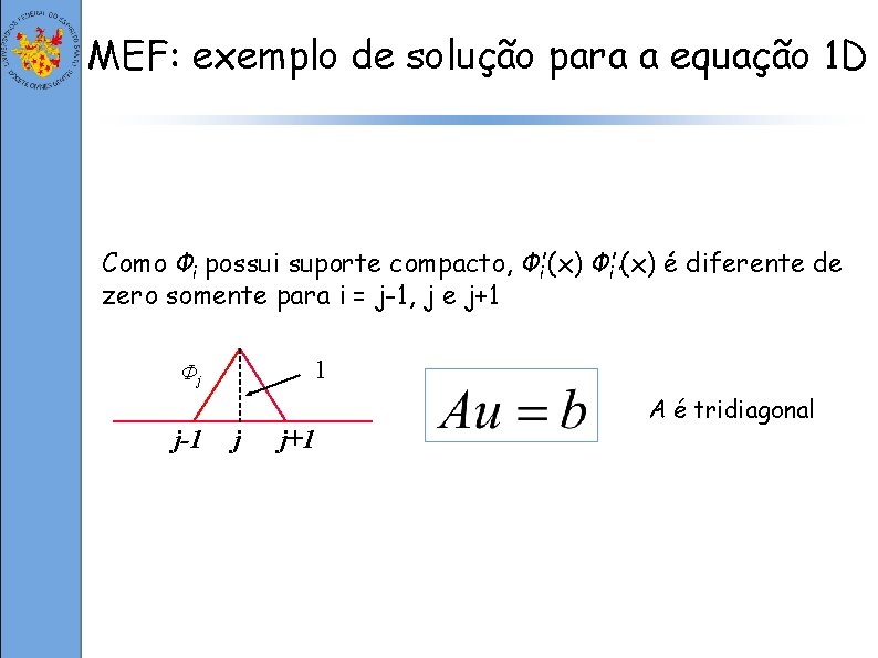 MEF: exemplo de solução para a equação 1 D Como Φi possui suporte compacto,