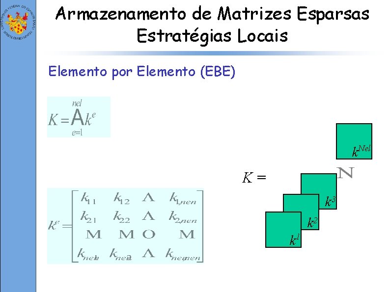Armazenamento de Matrizes Esparsas Estratégias Locais Elemento por Elemento (EBE) k. Nel K= k