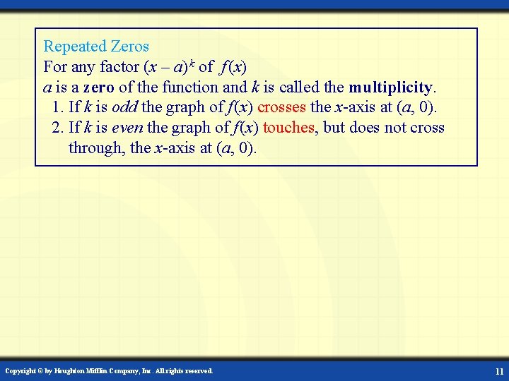 Repeated Zeros For any factor (x – a) k of f (x) a is