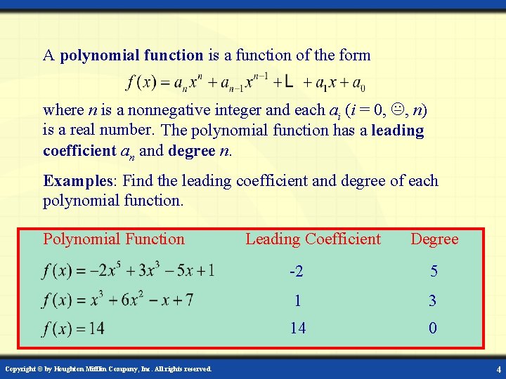 A polynomial function is a function of the form where n is a nonnegative