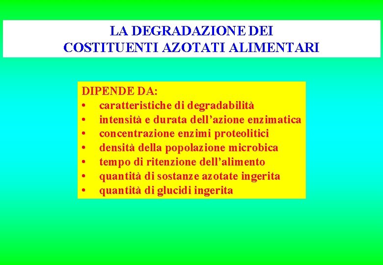 LA DEGRADAZIONE DEI COSTITUENTI AZOTATI ALIMENTARI DIPENDE DA: • caratteristiche di degradabilità • intensità LA DEGRADAZIONE DEI COSTITUENTI AZOTATI ALIMENTARI DIPENDE DA: • caratteristiche di degradabilità • intensità