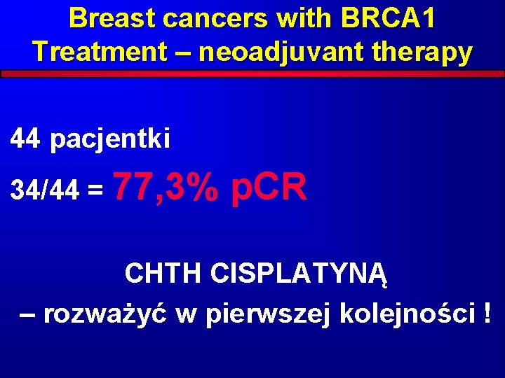 Breast cancers with BRCA 1 Treatment – neoadjuvant therapy 44 pacjentki 34/44 = 77,