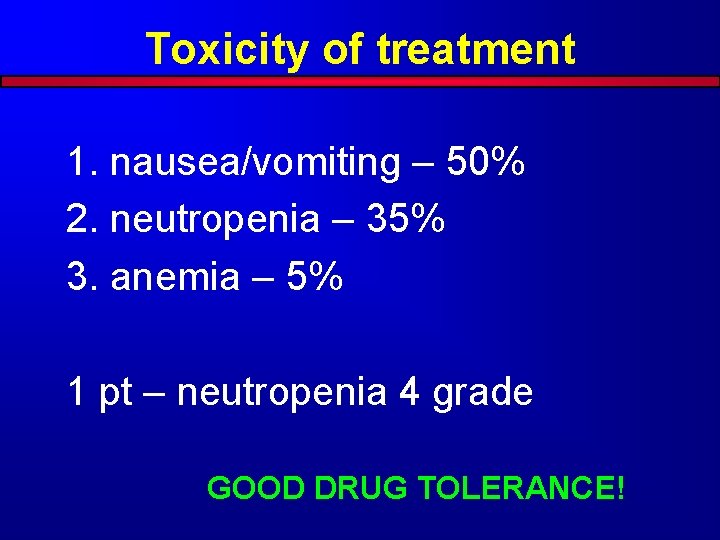 Toxicity of treatment 1. nausea/vomiting – 50% 2. neutropenia – 35% 3. anemia –