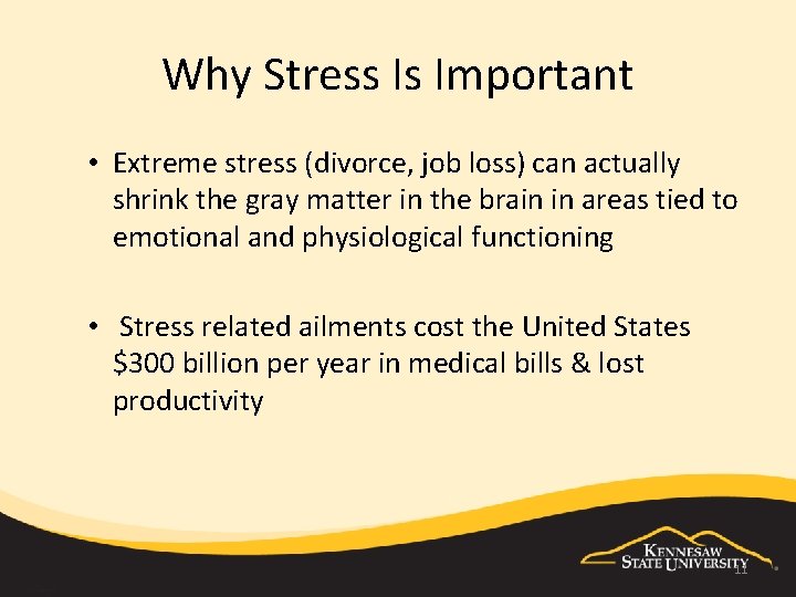 Why Stress Is Important • Extreme stress (divorce, job loss) can actually shrink the