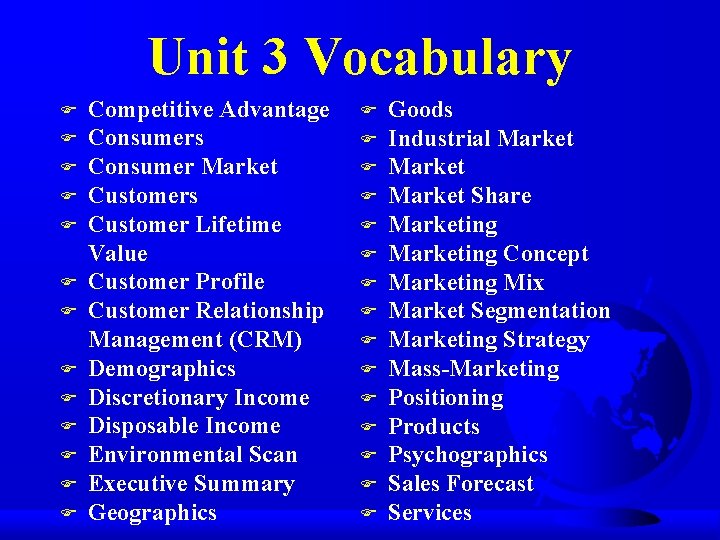 Unit 3 Vocabulary F F F F Competitive Advantage Consumers Consumer Market Customers Customer