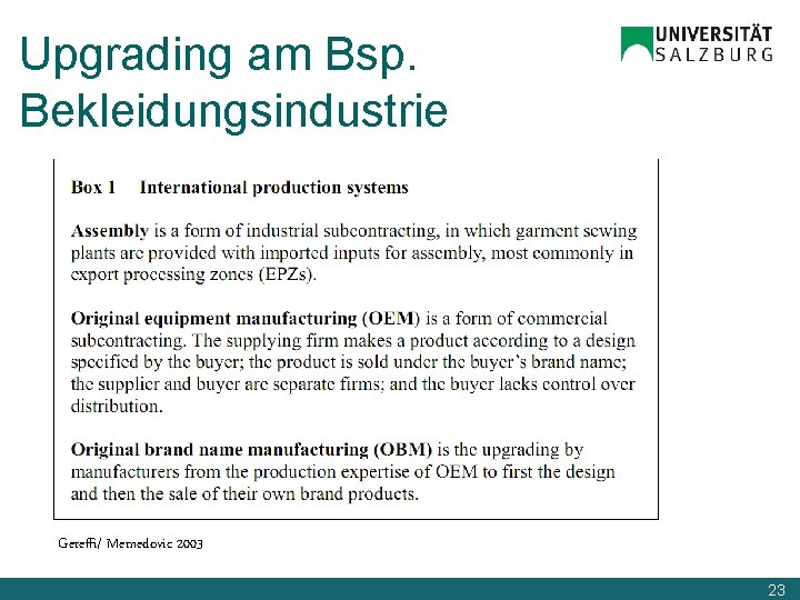 Upgrading am Bsp. Bekleidungsindustrie Gereffi/ Memedovic 2003 23 