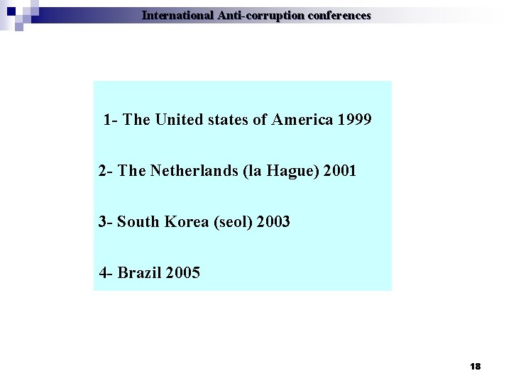 International Anti-corruption conferences 1 - The United states of America 1999 2 - The