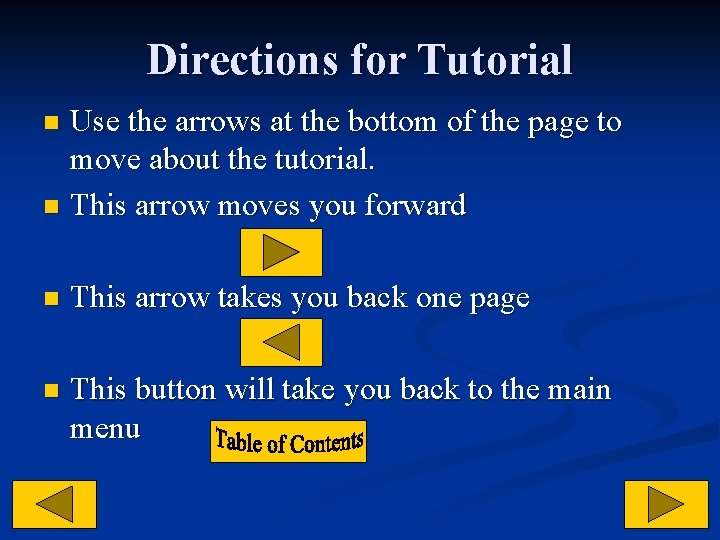 Directions for Tutorial Use the arrows at the bottom of the page to move