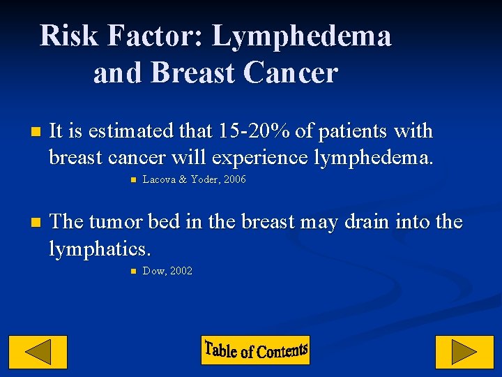 Risk Factor: Lymphedema and Breast Cancer n It is estimated that 15 -20% of