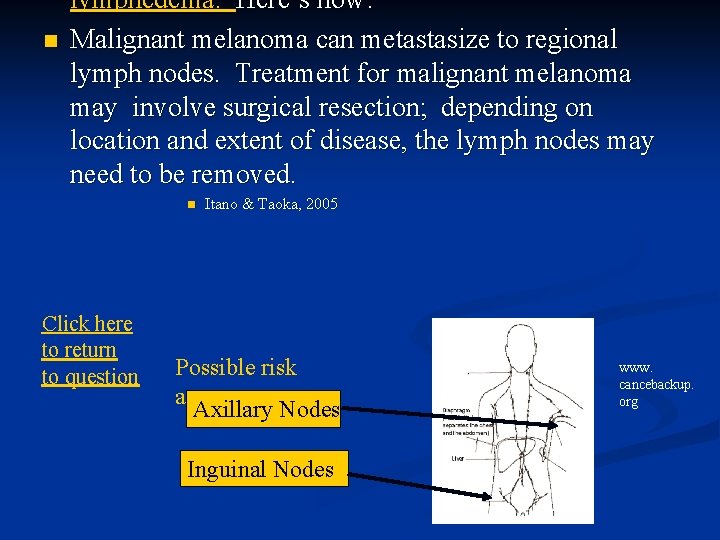 n lymphedema. Here’s how: Malignant melanoma can metastasize to regional lymph nodes. Treatment for
