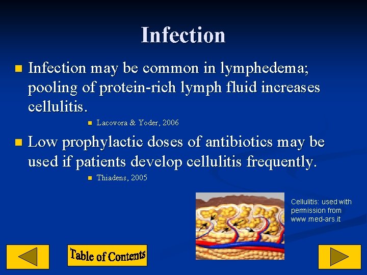 Infection n Infection may be common in lymphedema; pooling of protein-rich lymph fluid increases