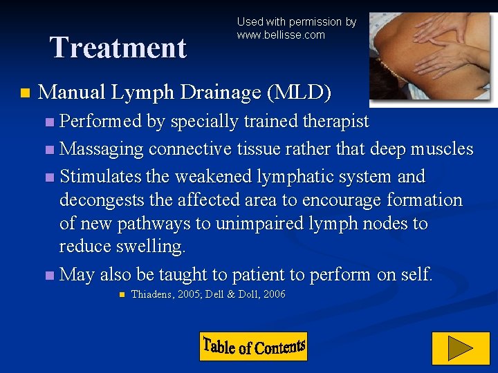 Treatment n Used with permission by www. bellisse. com Manual Lymph Drainage (MLD) Performed