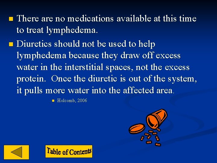 There are no medications available at this time to treat lymphedema. n Diuretics should