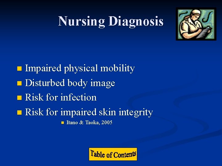 Nursing Diagnosis Impaired physical mobility n Disturbed body image n Risk for infection n