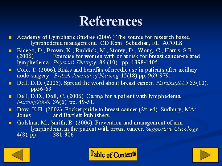 References n n n n Academy of Lymphatic Studies (2006 ) The source for