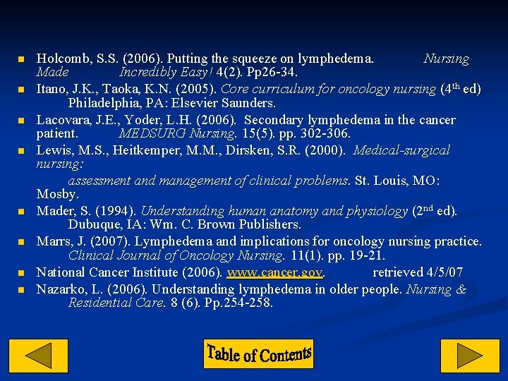 n n n n Holcomb, S. S. (2006). Putting the squeeze on lymphedema. Nursing