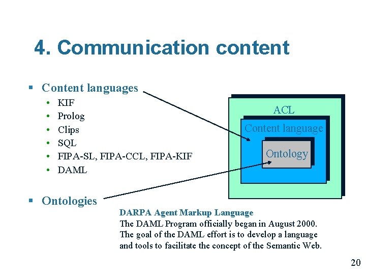 4. Communication content § Content languages • • • KIF Prolog Clips SQL FIPA-SL,