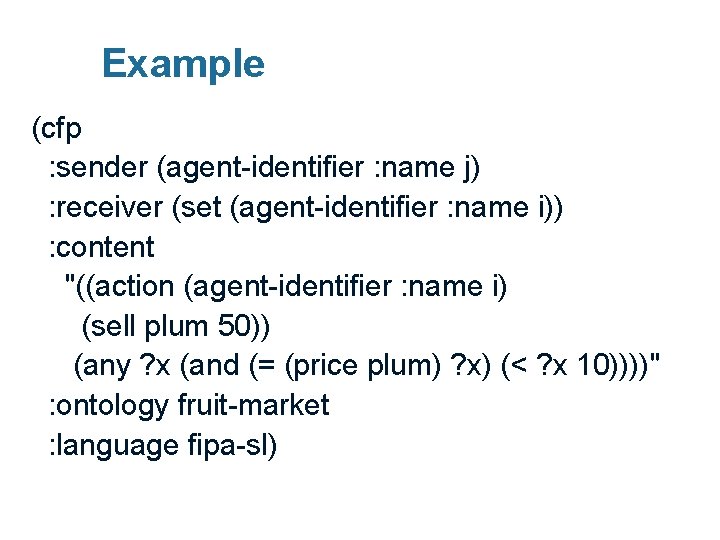 Example (cfp : sender (agent-identifier : name j) : receiver (set (agent-identifier : name