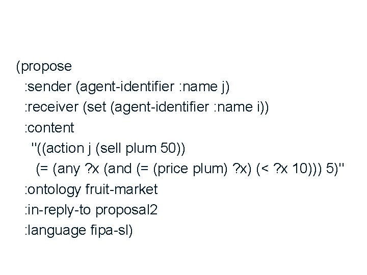 (propose : sender (agent-identifier : name j) : receiver (set (agent-identifier : name i))
