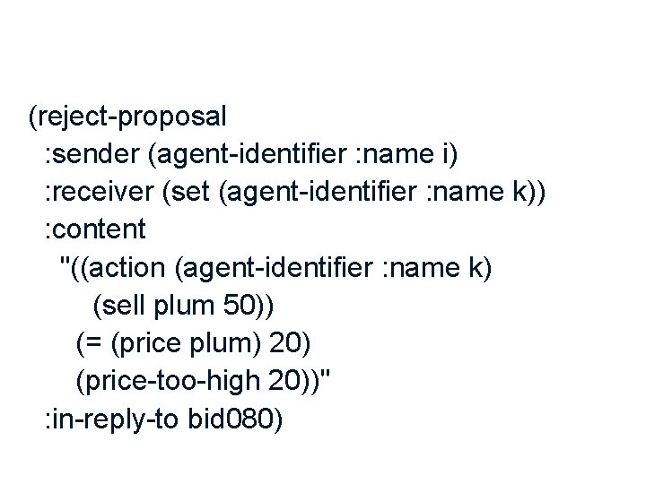 (reject-proposal : sender (agent-identifier : name i) : receiver (set (agent-identifier : name k))