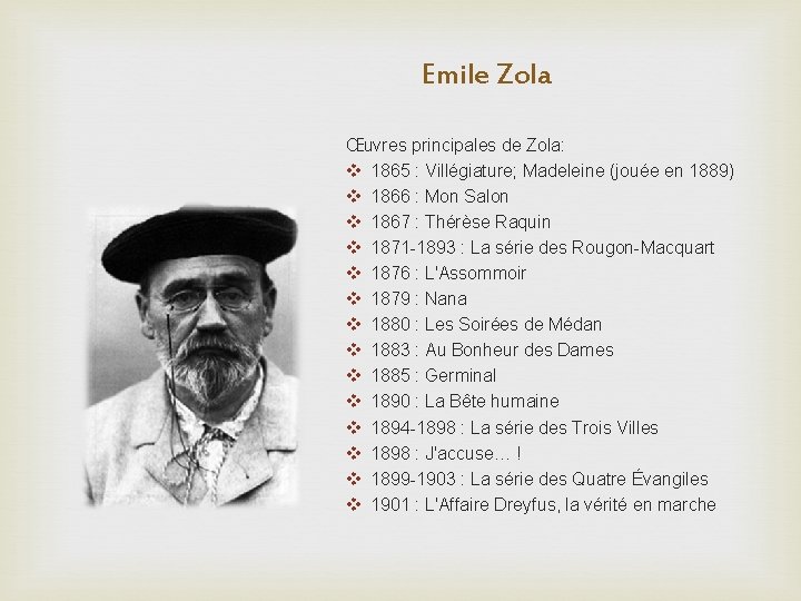 Emile Zola Œuvres principales de Zola: v 1865 : Villégiature; Madeleine (jouée en 1889)