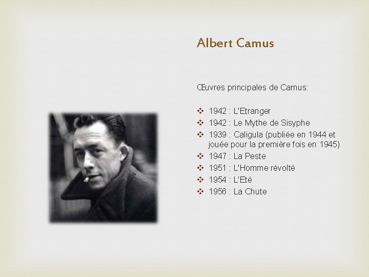 Albert Camus Œuvres principales de Camus: v 1942 : L'Etranger v 1942 : Le