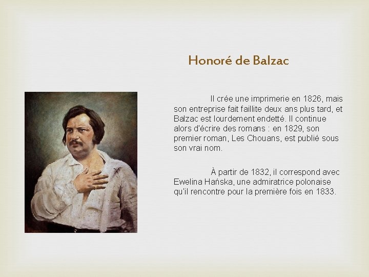 Honoré de Balzac Il crée une imprimerie en 1826, mais son entreprise fait faillite