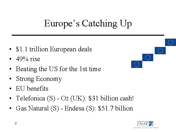 Europe’s Catching Up • • $1. 1 trillion European deals 49% rise Beating the