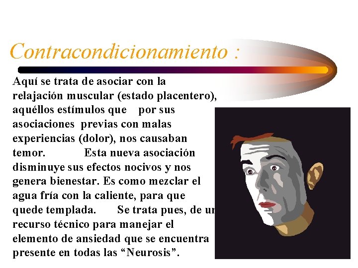 Contracondicionamiento : Aquí se trata de asociar con la relajación muscular (estado placentero), aquéllos