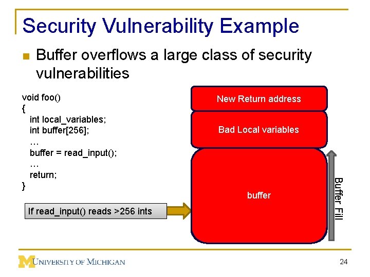 Security Vulnerability Example n Buffer overflows a large class of security vulnerabilities If read_input()