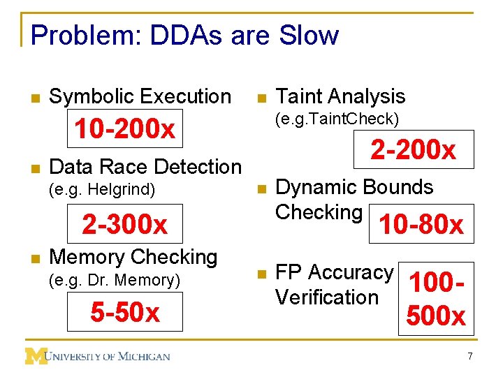 Problem: DDAs are Slow n Symbolic Execution n (e. g. Taint. Check) 10 -200