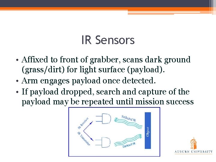 IR Sensors • Affixed to front of grabber, scans dark ground (grass/dirt) for light