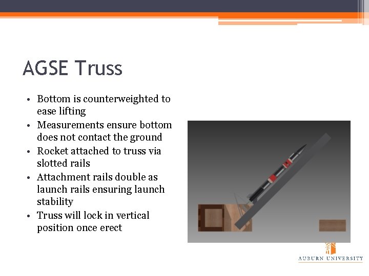 AGSE Truss • Bottom is counterweighted to ease lifting • Measurements ensure bottom does