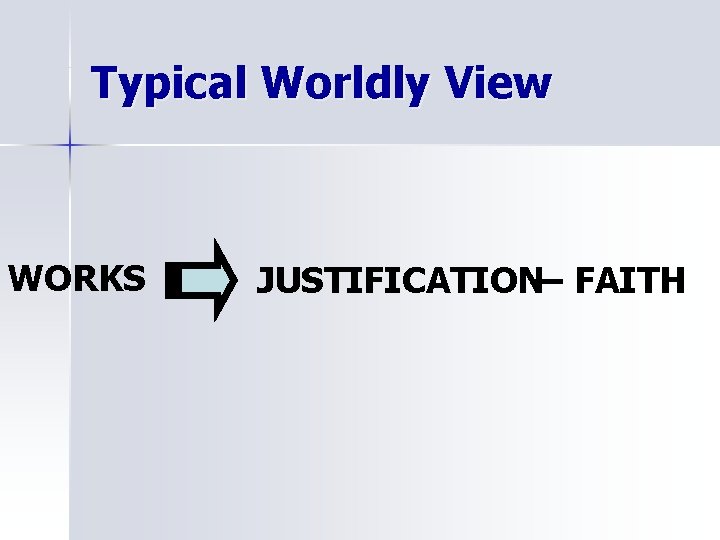 Typical Worldly View WORKS JUSTIFICATION— FAITH 