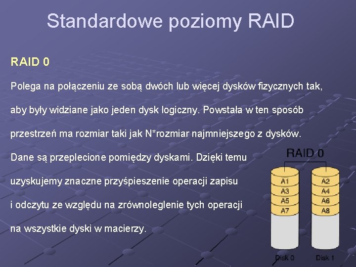 Standardowe poziomy RAID 0 Polega na połączeniu ze sobą dwóch lub więcej dysków fizycznych