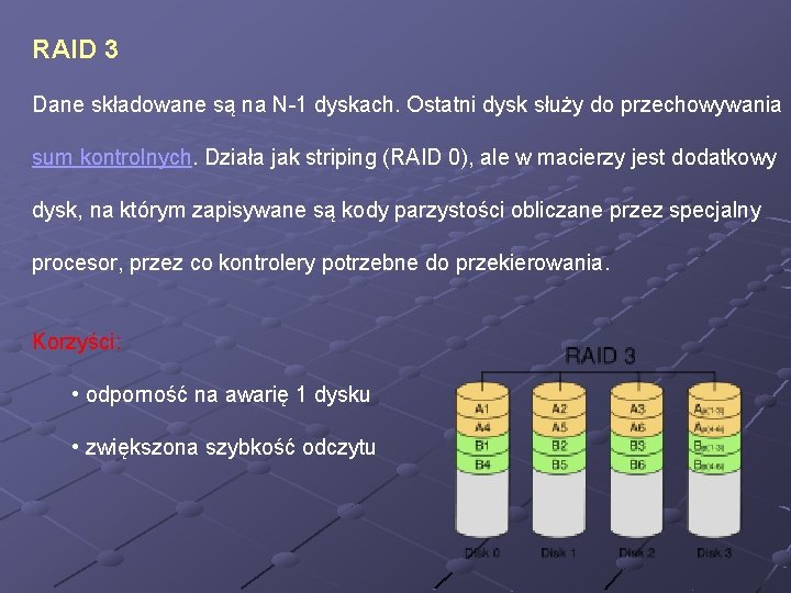 RAID 3 Dane składowane są na N-1 dyskach. Ostatni dysk służy do przechowywania sum