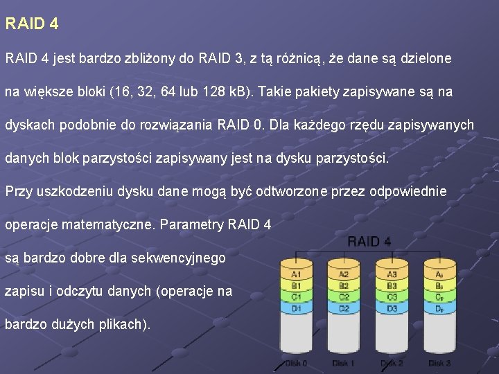 RAID 4 RAID 4 jest bardzo zbliżony do RAID 3, z tą różnicą, że