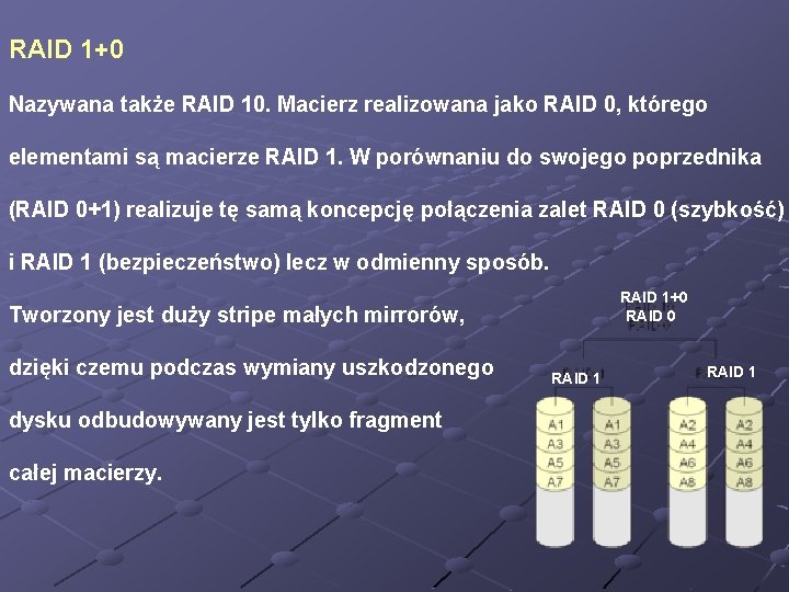 RAID 1+0 Nazywana także RAID 10. Macierz realizowana jako RAID 0, którego elementami są