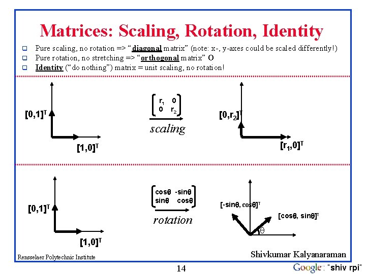 Matrices: Scaling, Rotation, Identity q q q Pure scaling, no rotation => “diagonal matrix”