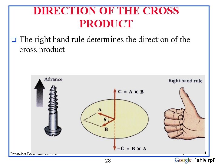 DIRECTION OF THE CROSS PRODUCT q The right hand rule determines the direction of