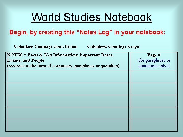 World Studies Notebook Begin, by creating this “Notes Log” in your notebook: Colonizer Country: