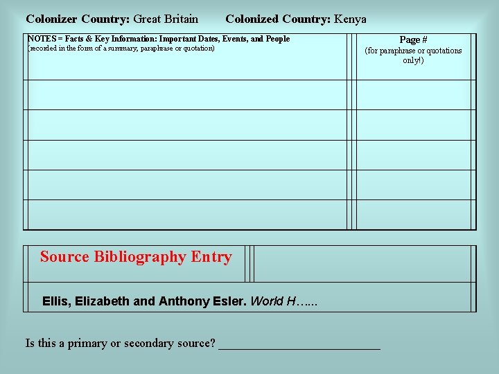 Colonizer Country: Great Britain Colonized Country: Kenya NOTES = Facts & Key Information: Important