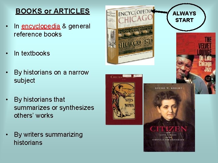 BOOKS or ARTICLES • In encyclopedia & general reference books • In textbooks •