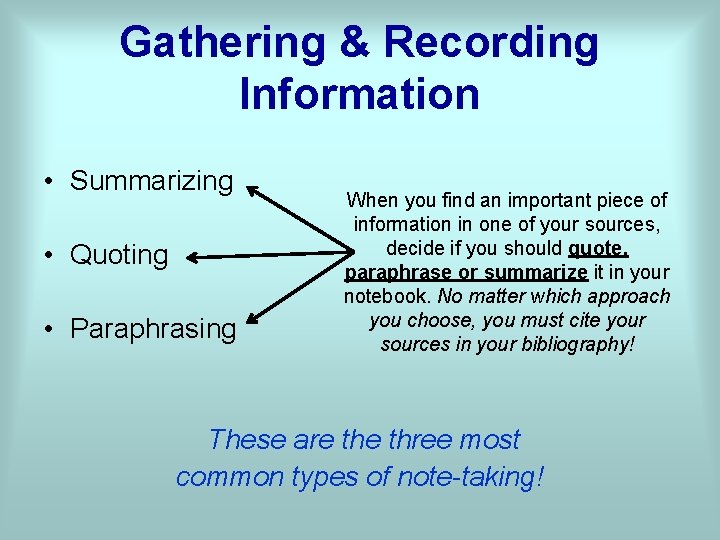 Gathering & Recording Information • Summarizing • Quoting • Paraphrasing When you find an