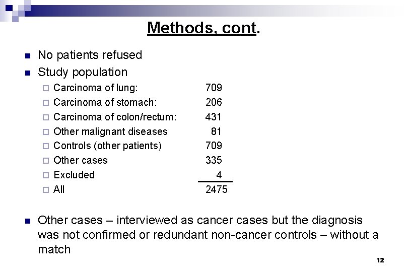 Methods, cont. n n No patients refused Study population ¨ ¨ ¨ ¨ n