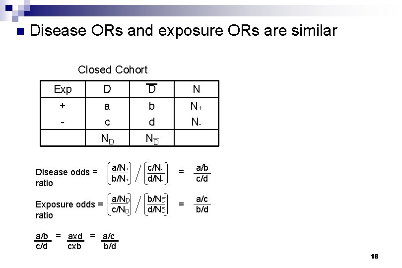 n Disease ORs and exposure ORs are similar Closed Cohort Exp D D N