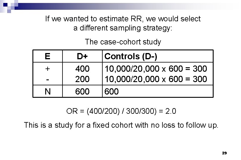 If we wanted to estimate RR, we would select a different sampling strategy: The