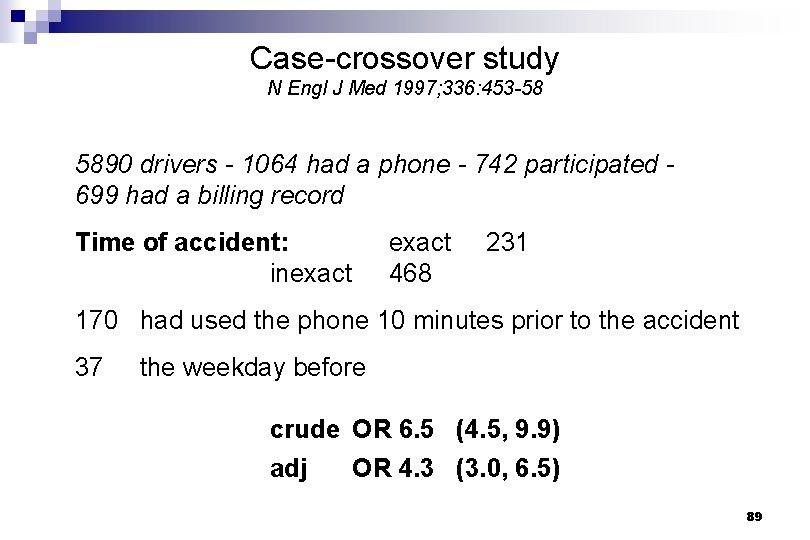 Case-crossover study N Engl J Med 1997; 336: 453 -58 5890 drivers - 1064
